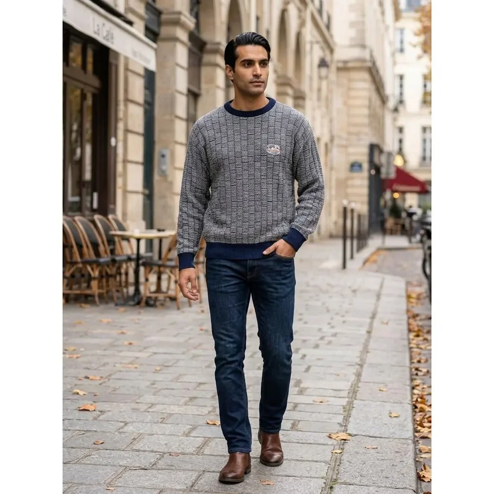 LA Mode Gray Embroidered Knit Geometric Pullover Sweater Men Size M